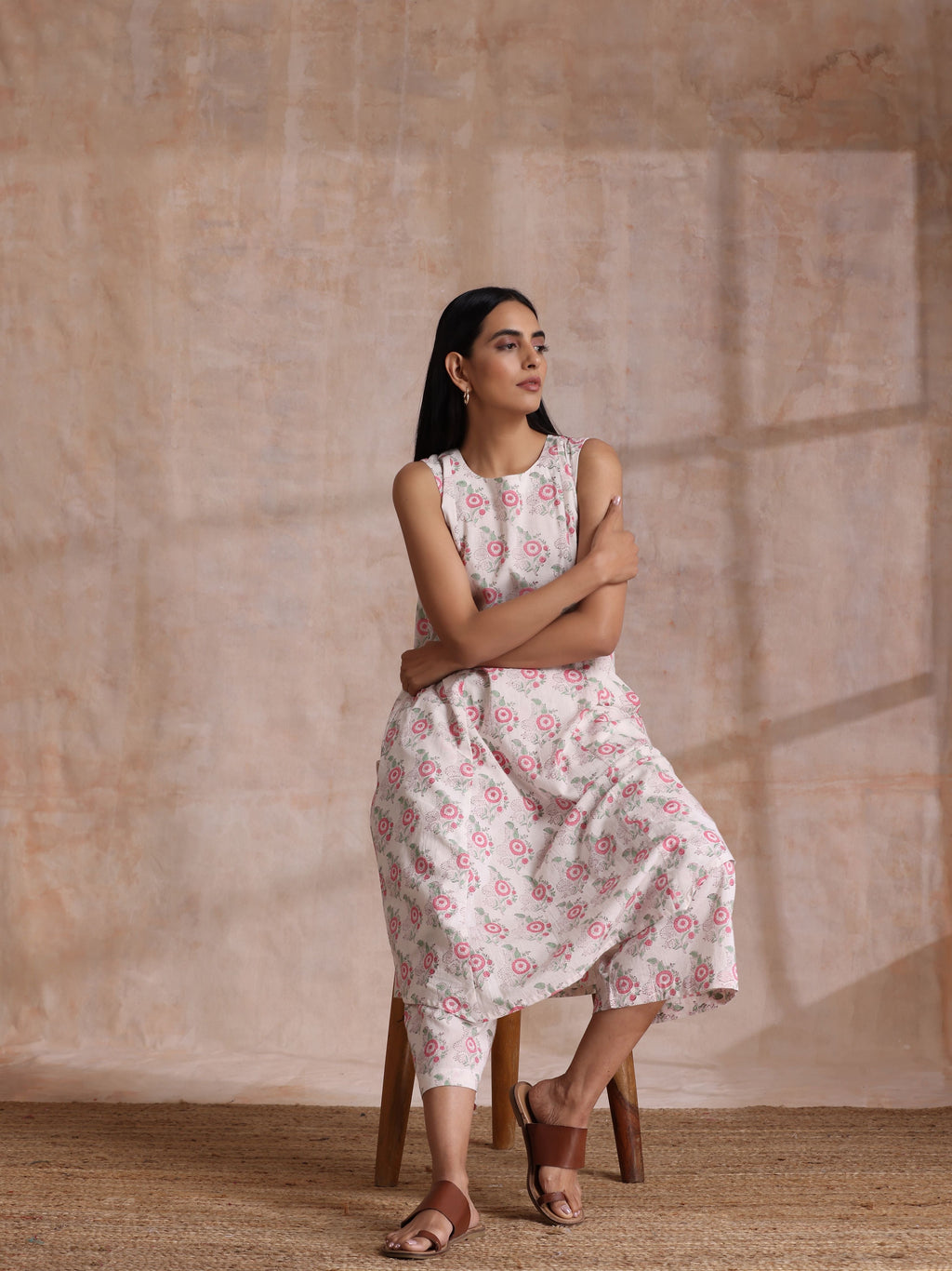 trueBrowns Pink Green Buta On White Block Print Cotton High-Low Co-Ord Set | Grocsy