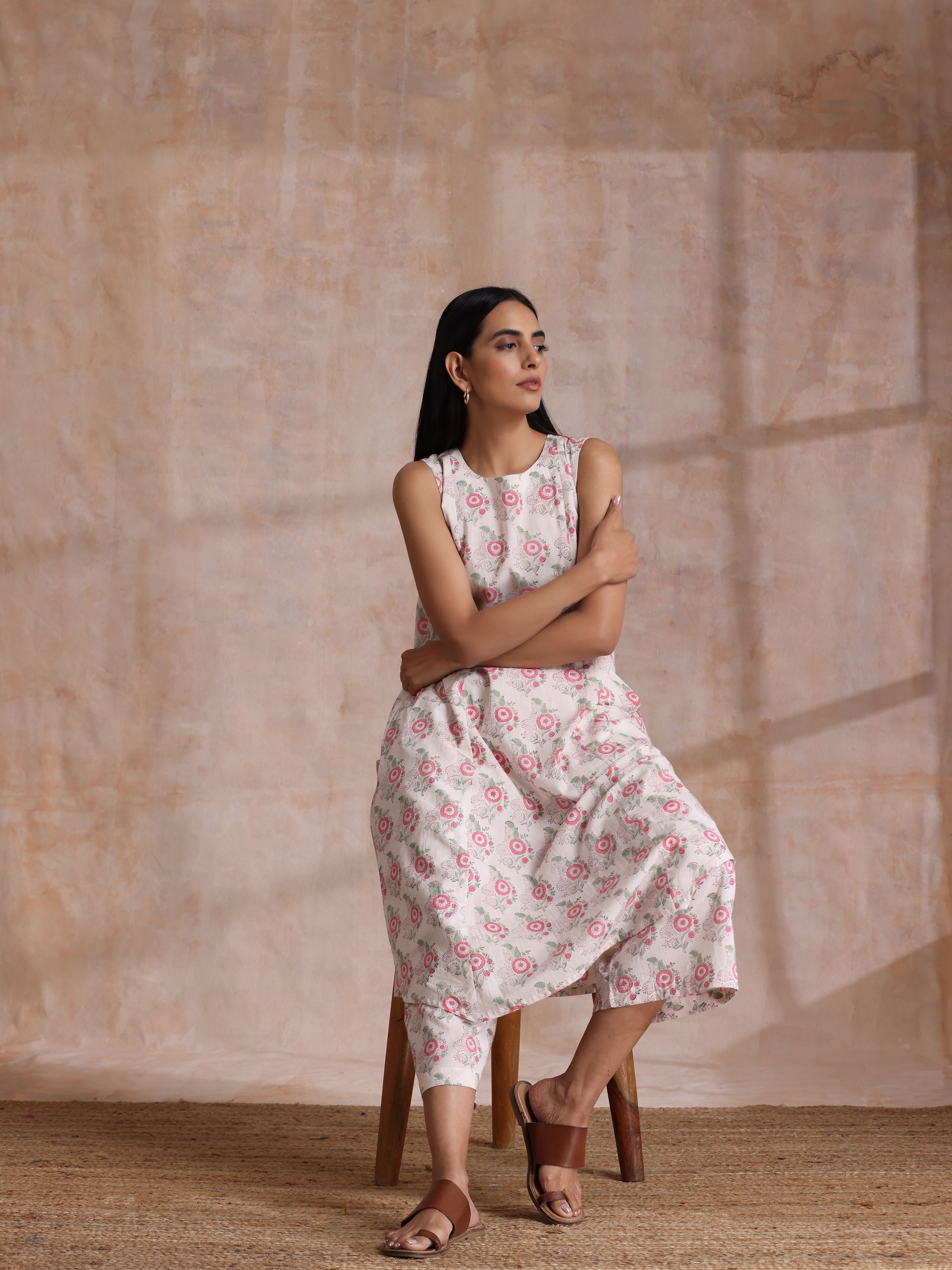 trueBrowns Pink Green Buta On White Block Print Cotton High-Low Co-Ord Set | Grocsy