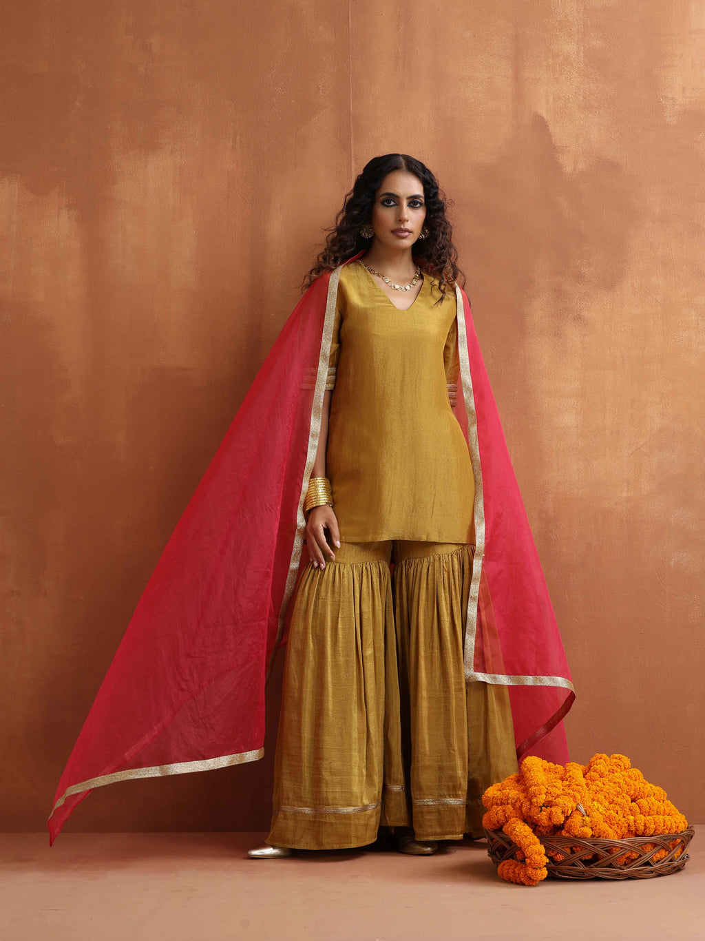 trueBrowns Gold Tissue Sharara Dupatta Set | Grocsy