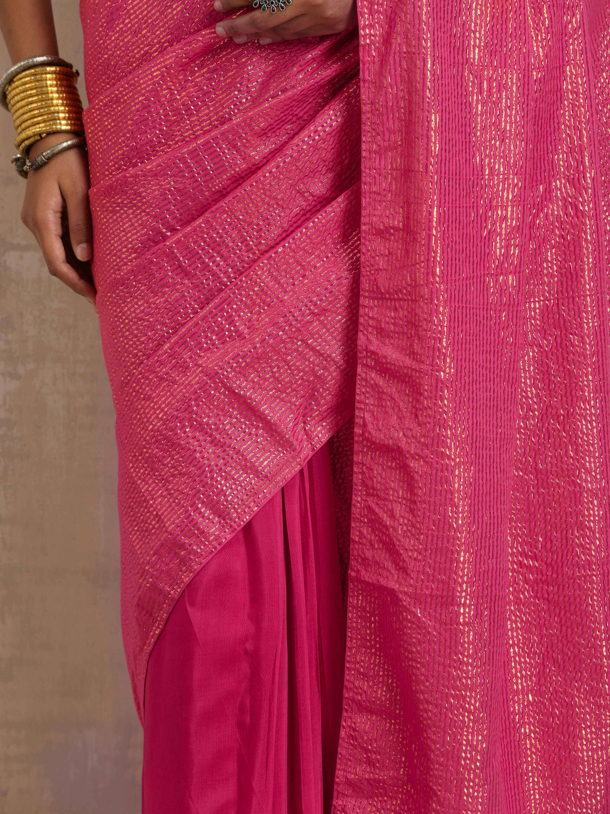 trueBrowns Pink Gold Metallic Ready To Wear Saree | Grocsy