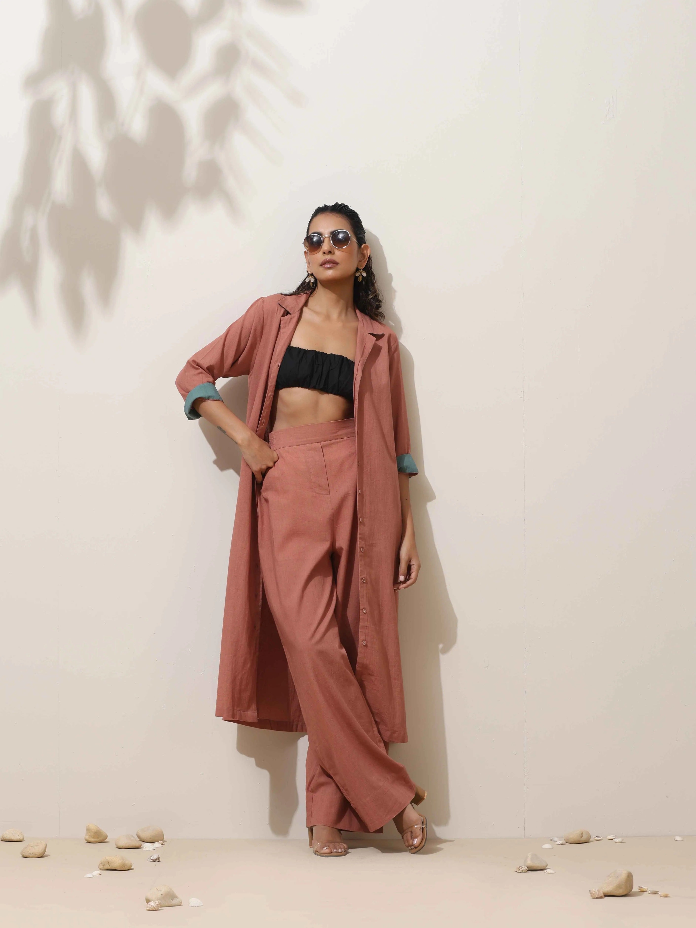 trueBrowns Peach Cotton Linen Kurta Pant Set | Grocsy