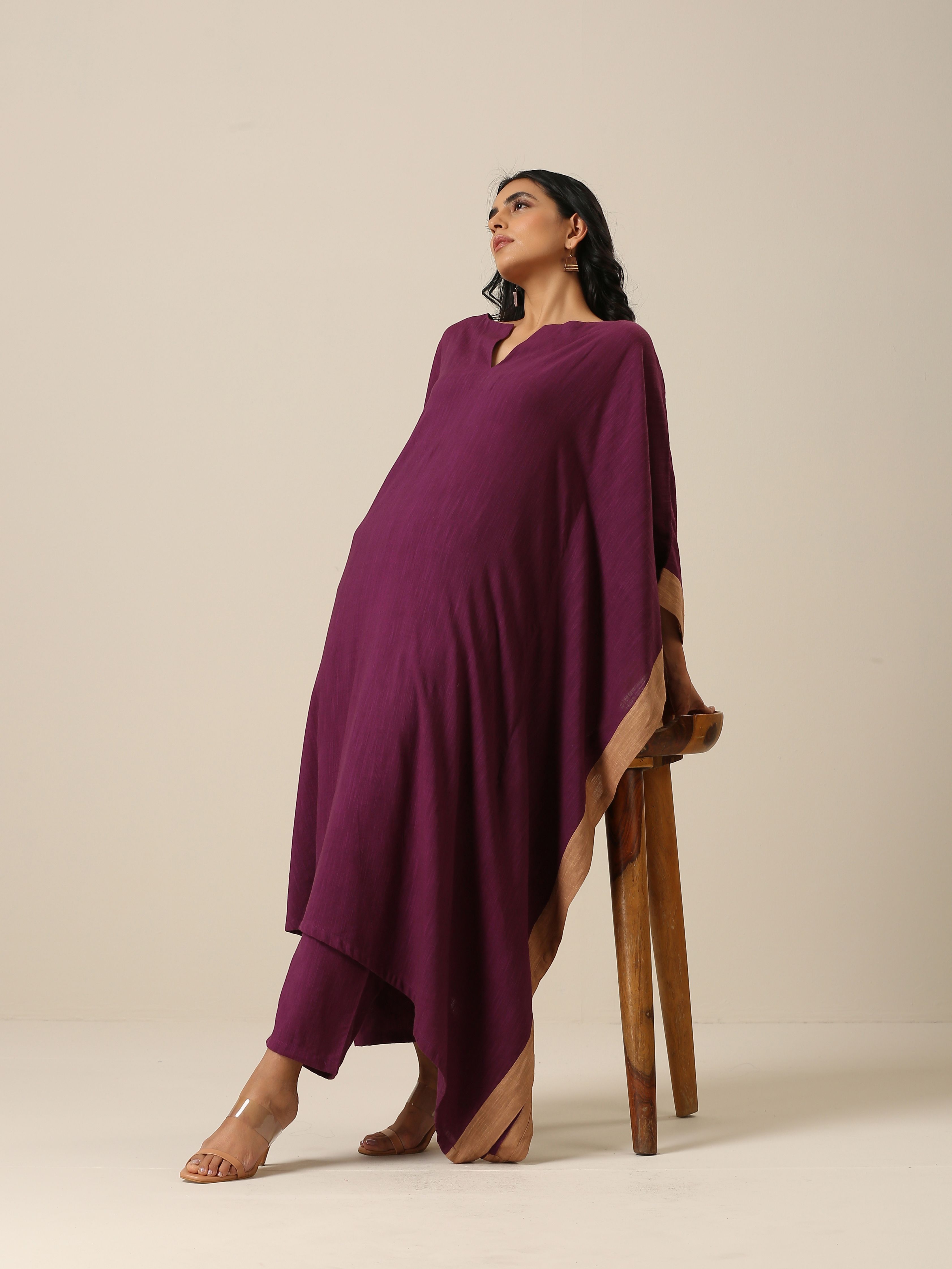 trueBrowns Plum Purple Slub Texture High Low Kaftan Pant Set | Grocsy