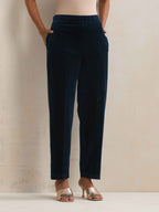 trueBrowns Blue Velvet Floral Embroidered Kurta Pant Dupatta Set | Grocsy