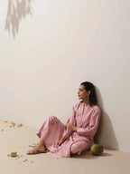 trueBrowns Pink Cotton Linen Kurta Pant Set | Grocsy