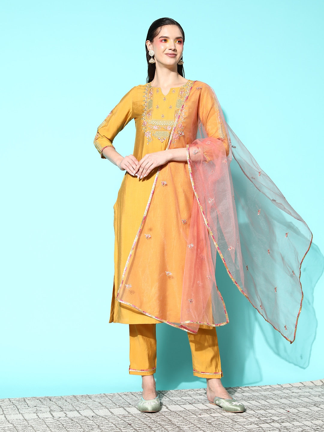 Sangria Floral Embroidered Regular Sequinned Kurta with Trousers & With Dupatta | Grocsy