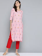 HERE&NOW Women Pink & Purple Floral Print Pure Cotton Straight Kurta | Grocsy