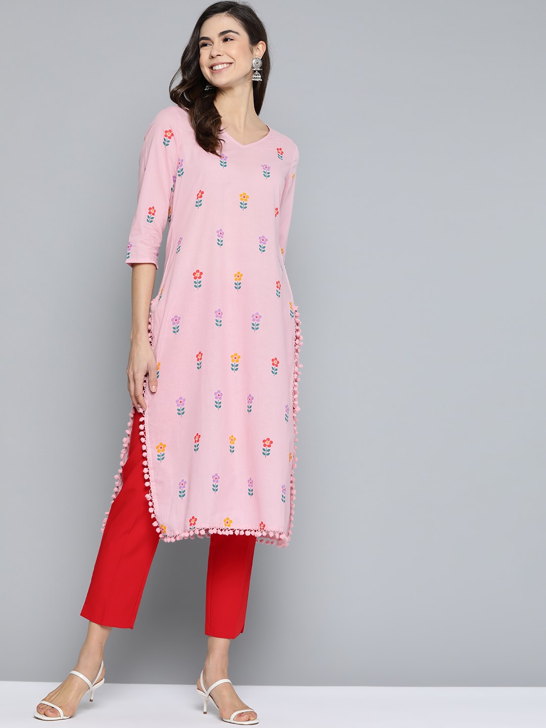 HERE&NOW Women Pink & Purple Floral Print Pure Cotton Straight Kurta | Grocsy