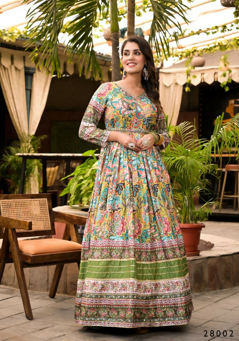 Wedding Designer Multi Soft Dola Silk Anarkali suit with Dupatta - Sanj | Grocsy