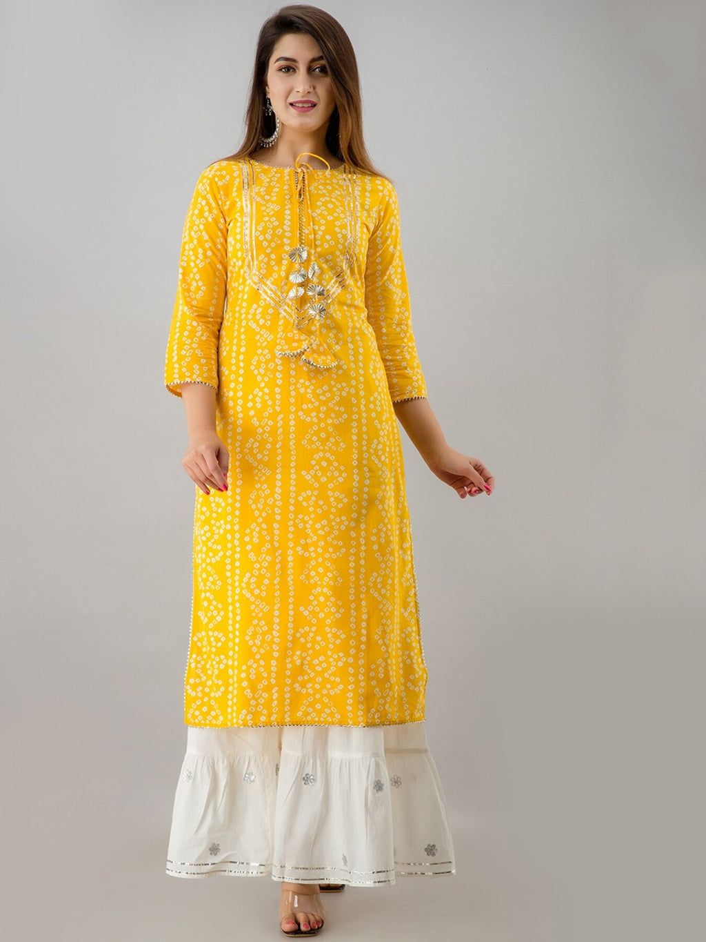HERE&NOW Yellow & White Bandhani Printed Gotta Patti Kurta with Sharara | Grocsy