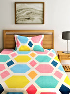 Home Sizzler Blue & Yellow Geometric 210 TC Single Bedsheet with 1 Pillow Covers | Grocsy