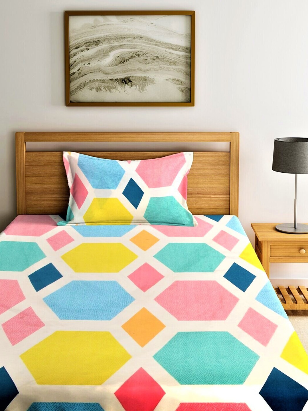 Home Sizzler Blue & Yellow Geometric 210 TC Single Bedsheet with 1 Pillow Covers | Grocsy