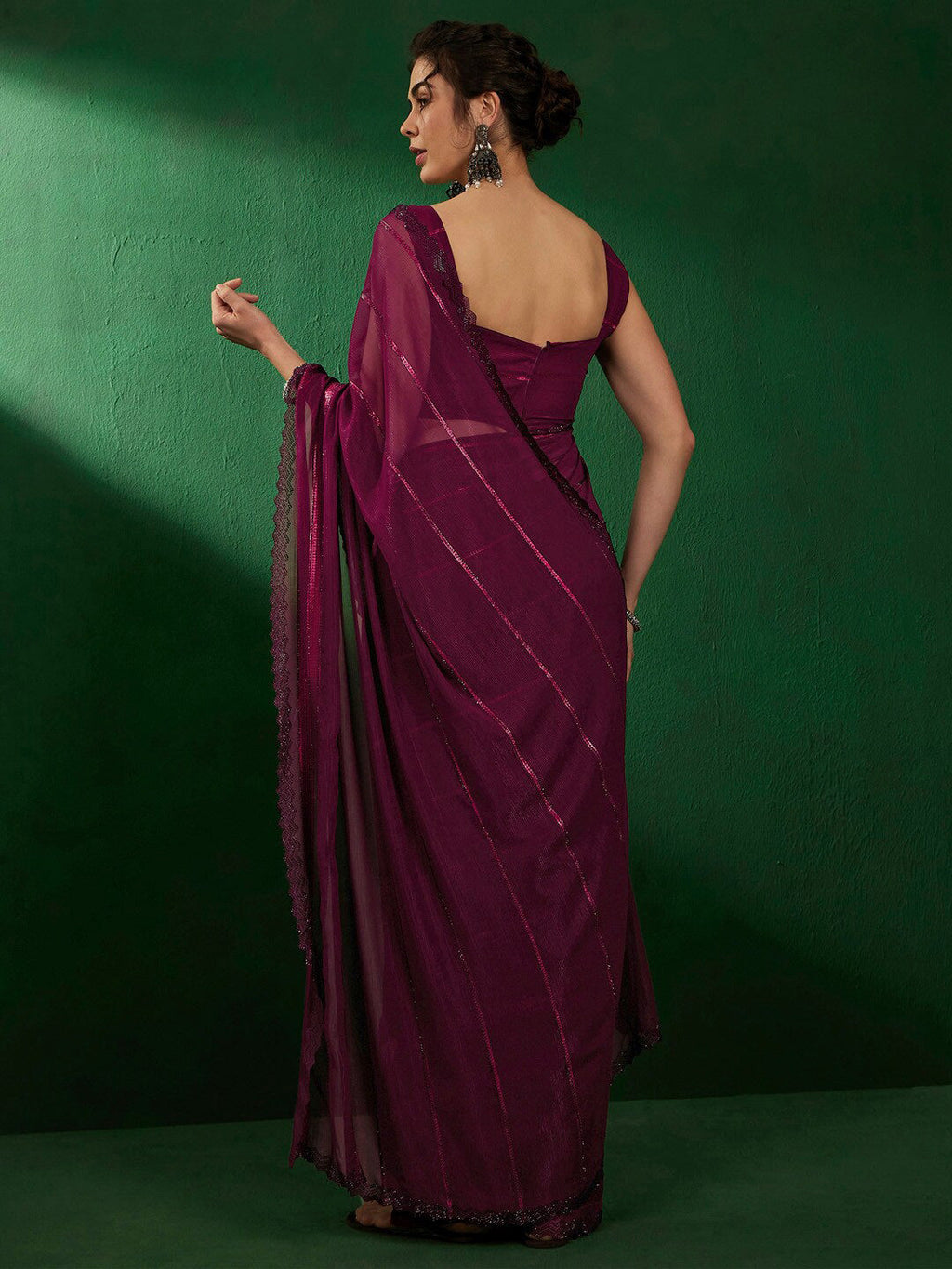 Sangria Striped Embellished Pure Georgette Saree | Grocsy