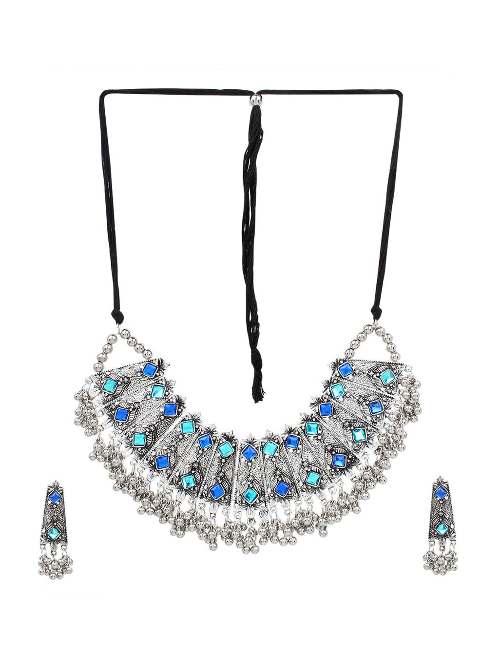 Cardinal Oxidised Silver-Toned & Blue Stones-Studded & Beaded Jewellery Set | Grocsy