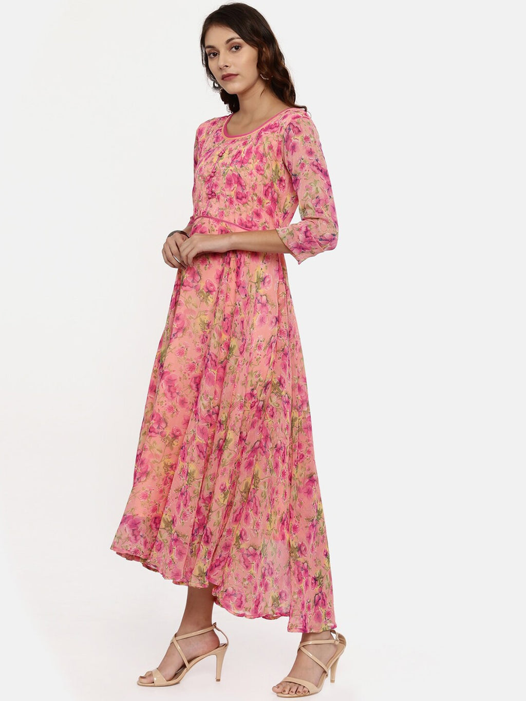 Souchii Pink & Yellow Floral Printed Fit & Flare Dress | Grocsy