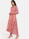 Souchii Pink & Yellow Floral Printed Fit & Flare Dress | Grocsy