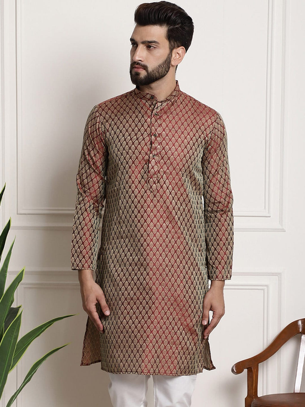 Sojanya Woven Design Mandarin Collar Silk Cotton Kurta | Grocsy