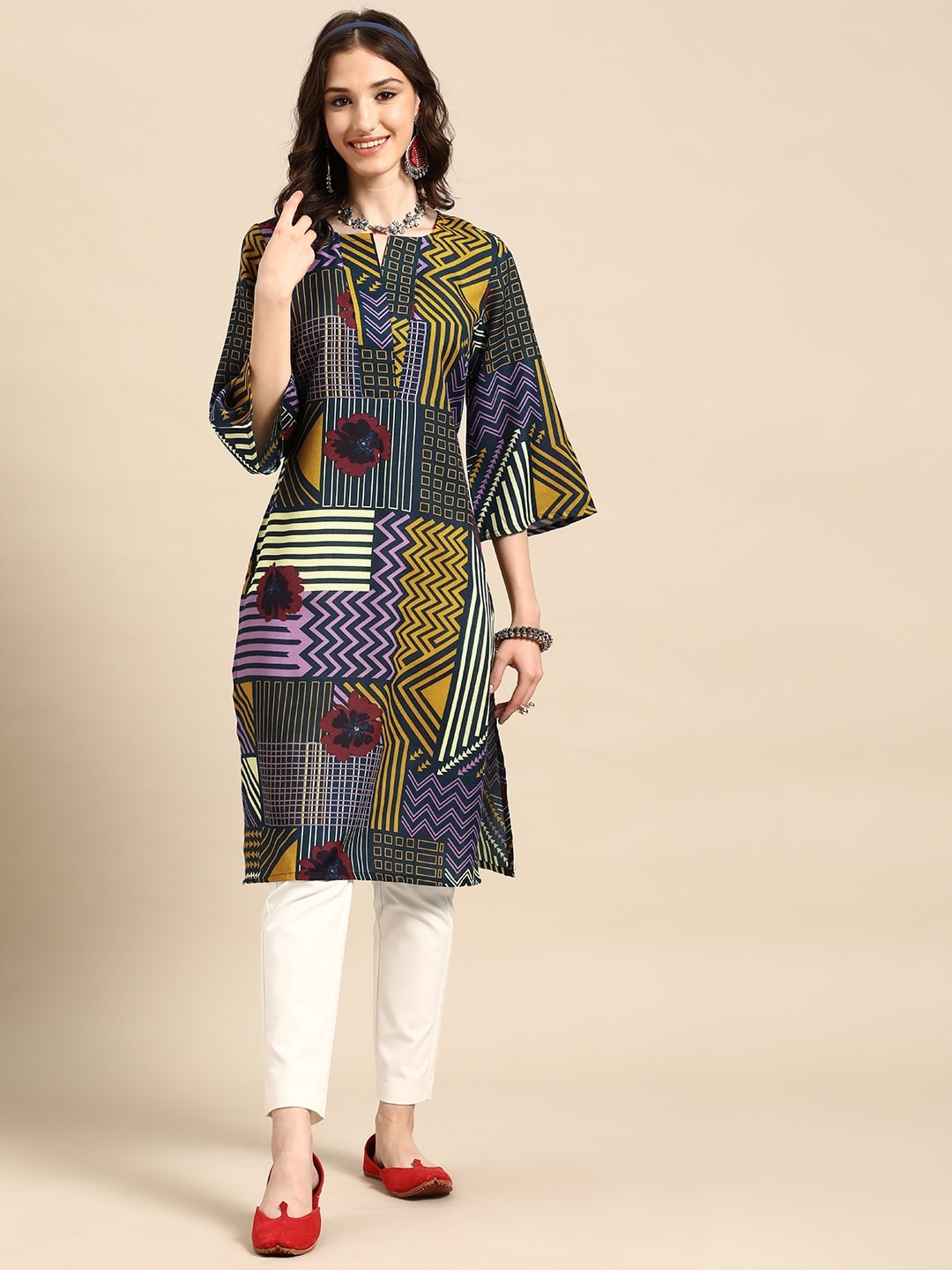 Sangria Printed Bell Sleeves Kurta | Grocsy