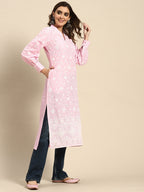 Sangria Floral Embroidered Puff Sleeves Cotton Kurta | Grocsy