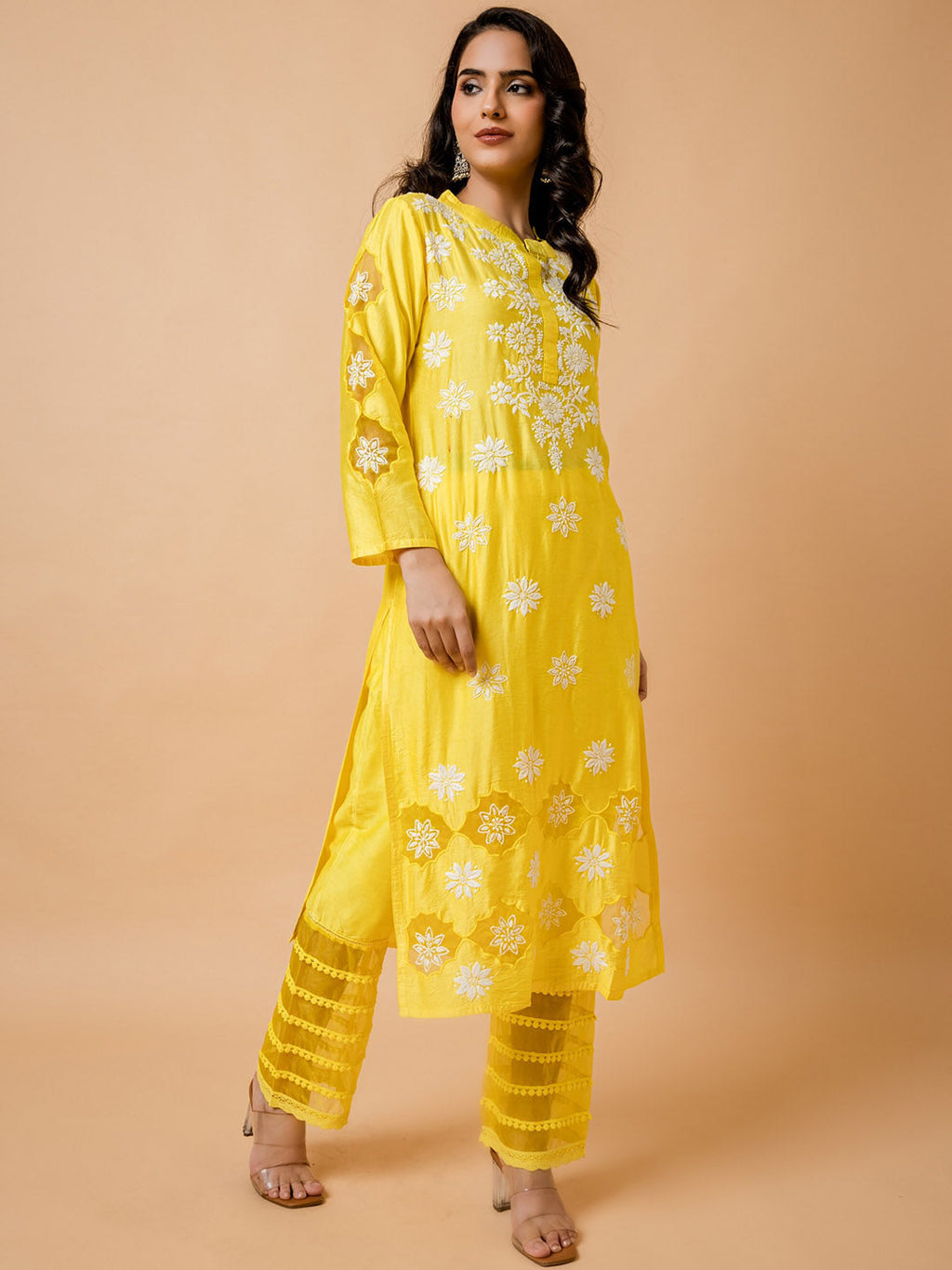 HOUSE OF KARI Floral Embroidered Chanderi Silk Chikankari Kurta | Grocsy