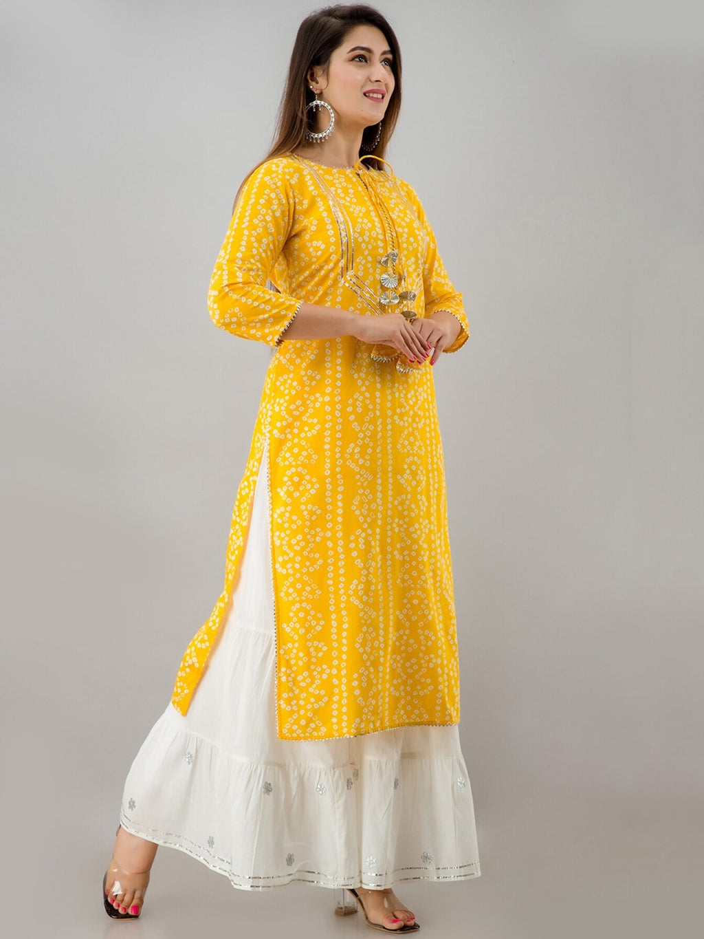 HERE&NOW Yellow & White Bandhani Printed Gotta Patti Kurta with Sharara | Grocsy