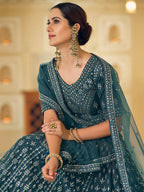 Myra Rama Blue Soft Net Embroidered Lehenga | Grocsy