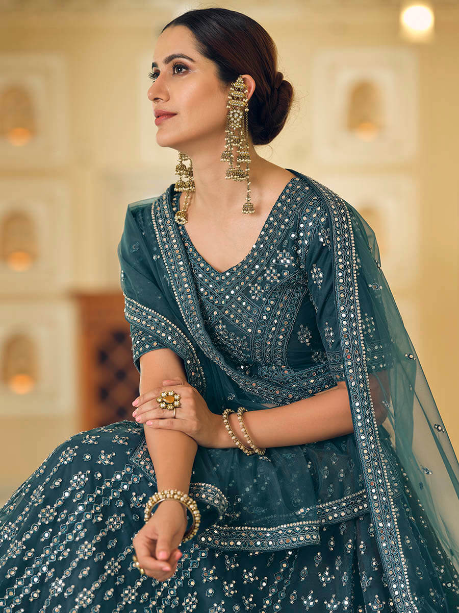 Myra Rama Blue Soft Net Embroidered Lehenga | Grocsy