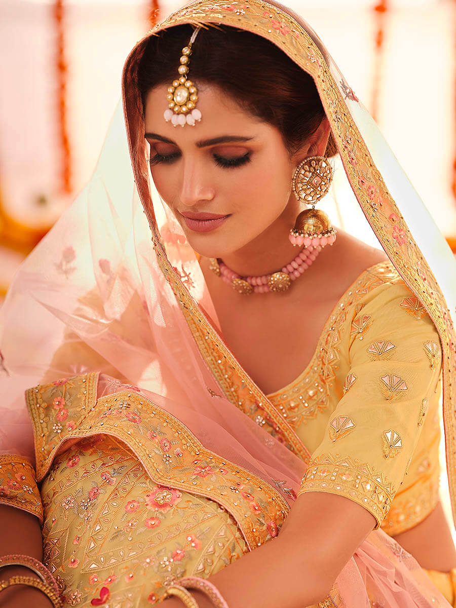 Myra Yellow Organza Embroidered Designer Lehenga | Grocsy