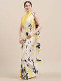 Tikhi Imli White & Yellow Satin Printed Saree | Grocsy