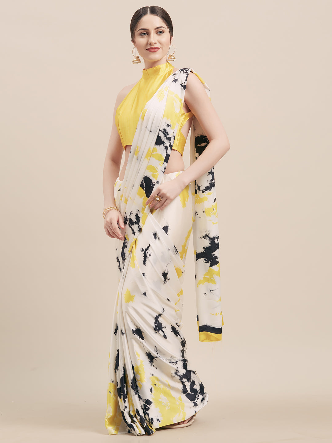 Tikhi Imli White & Yellow Satin Printed Saree | Grocsy