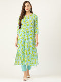 Sangria Women Blue & Yellow Floral Printed Pure Cotton Kurta with Trousers | Grocsy