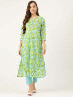 Sangria Women Blue & Yellow Floral Printed Pure Cotton Kurta with Trousers | Grocsy