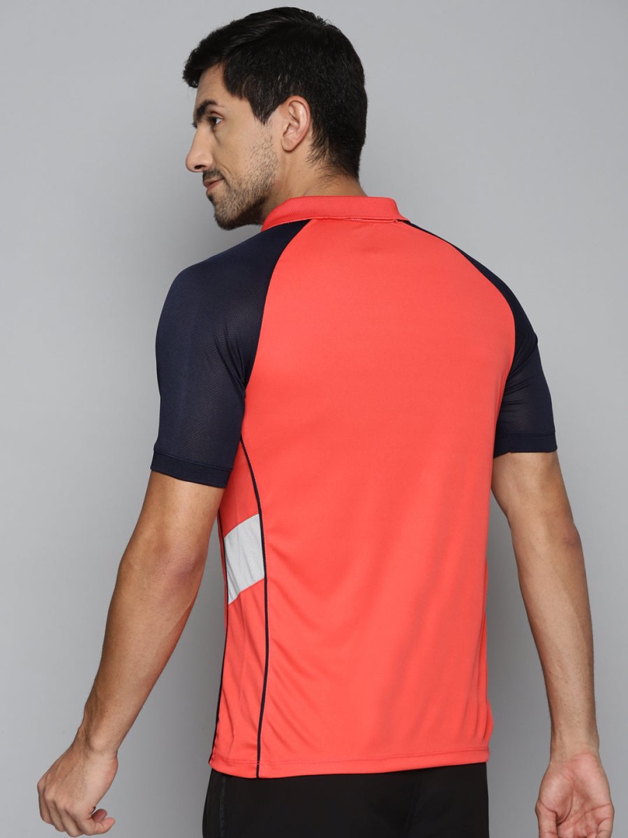 Alcis Men Red & Navy Blue Colourblocked Polo Collar Slim Fit Running T-shirt | Grocsy