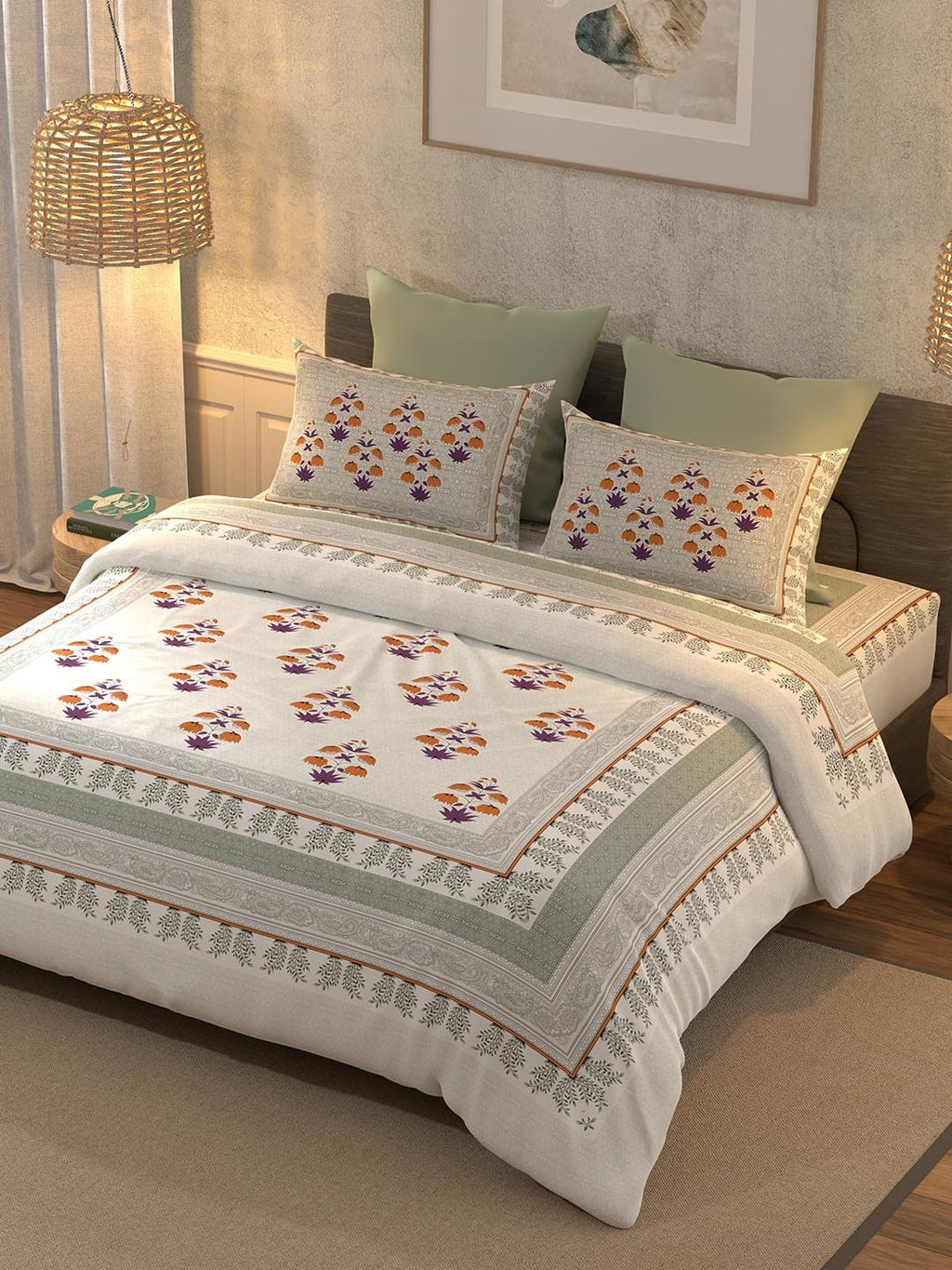 BELLA CASA Grey & Off White Ethnic Motifs 350 TC Cotton King Bedsheet with 2 Pillow Covers | Grocsy