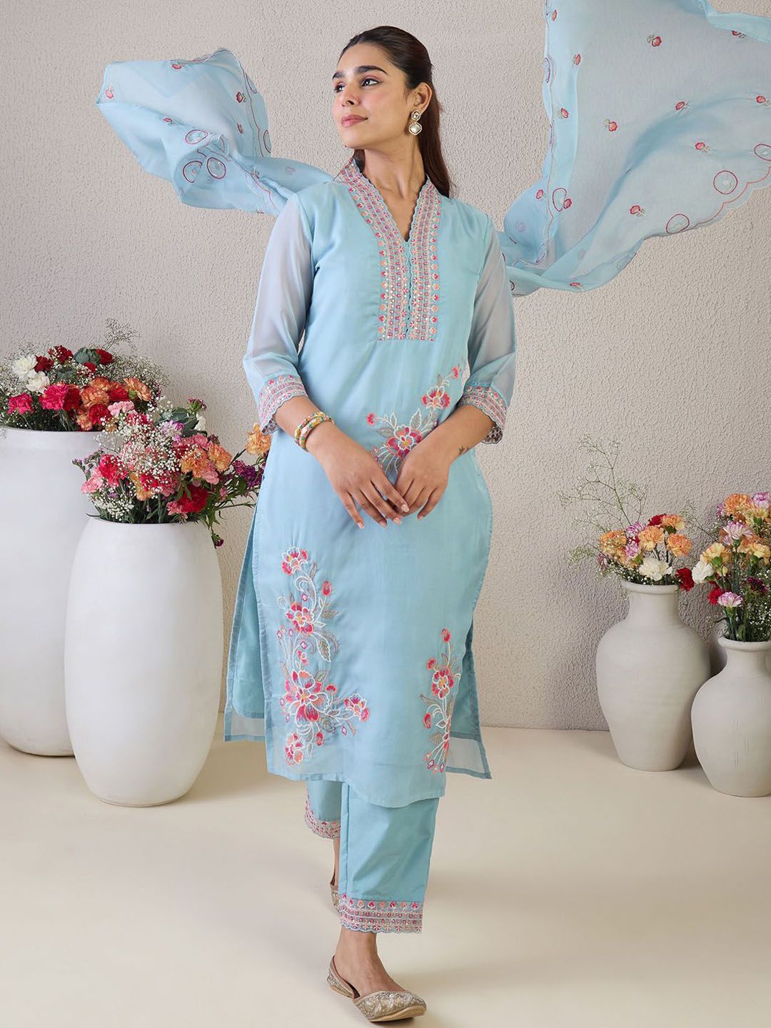 Indo Era Floral Embroidered V-Neck Thread Work Straight Kurta & Trousers & Dupatta | Grocsy