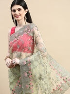 kasee Floral Embroidered Zari Net Saree | Grocsy