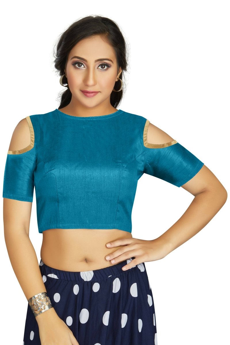 Aastha Fashion Women's Firozi Art Silk Cold Shoulder Sleeve Readymade Blouse | Grocsy