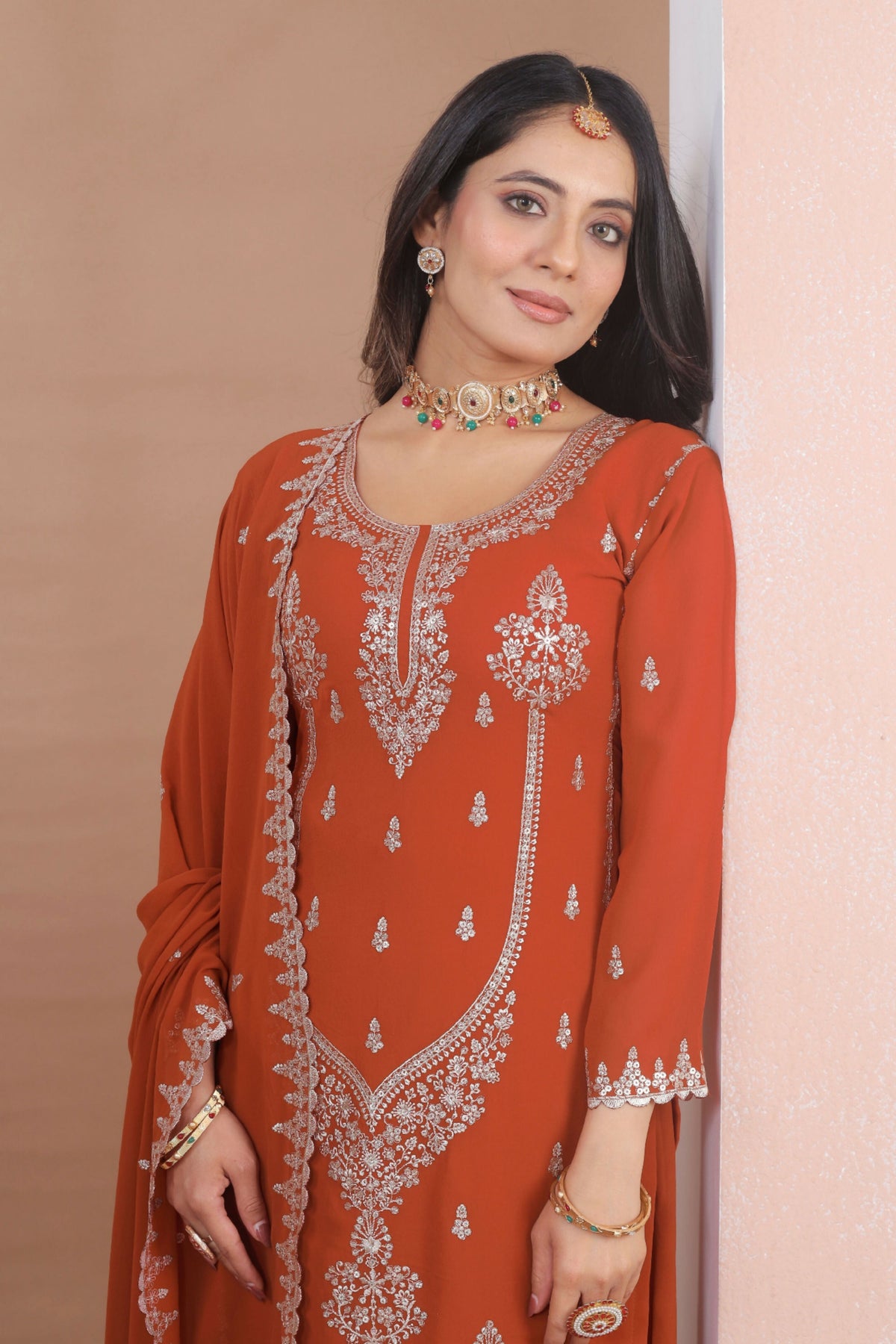 The52 Women's Gorgeous Embroidery Work Fox Georgette Fabric Straight Kurta Sharara and Dupatta Set-Orange | Grocsy