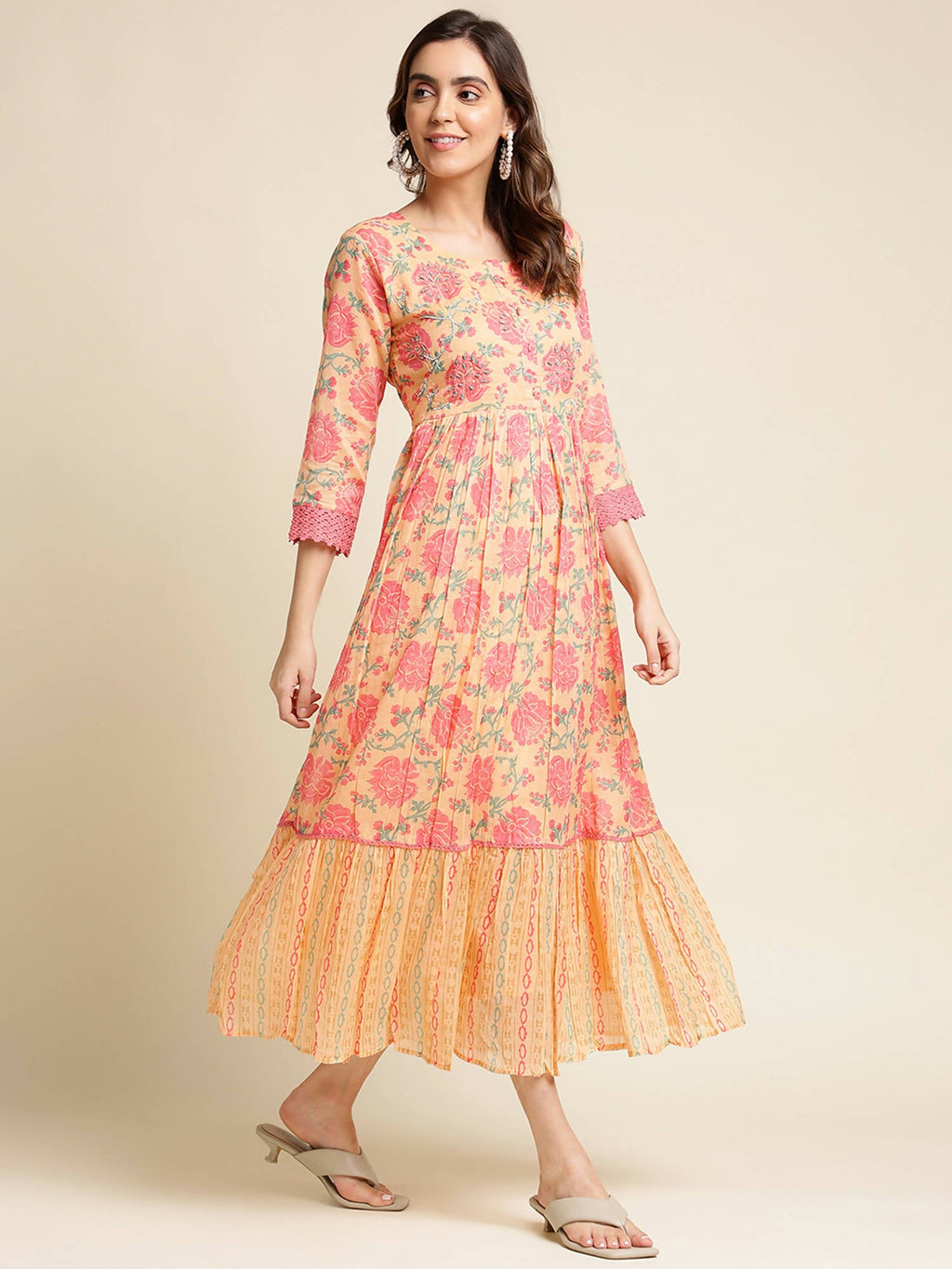Peach Cotton Floral Printed Fit & Flare Dress - Yukti | Grocsy