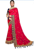 Vamika Red Embroidery Sana Silk Saree | Grocsy