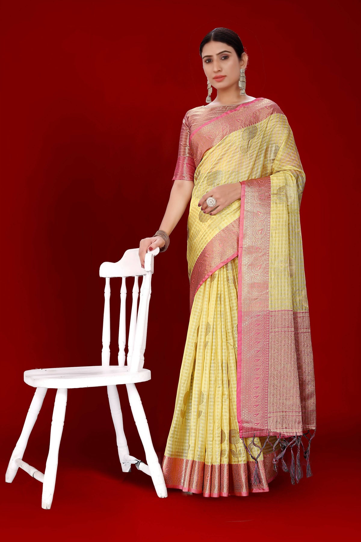 Yellow Soft Organza Woven Design Saree With Unstitched Blouse Piece - Zaara | Grocsy