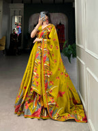 Vastranavya Fancy Floral Print With Foil Work Polyester Viscose Chanderi Lehenga Choli - Mustard | Grocsy