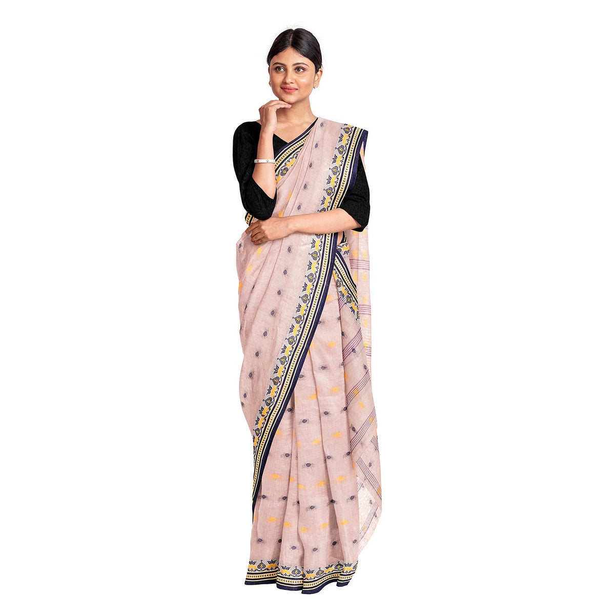 Exclusive Collection 100% Pure Cotton Cream Tant Saree With Hand Weaving Work | Grocsy