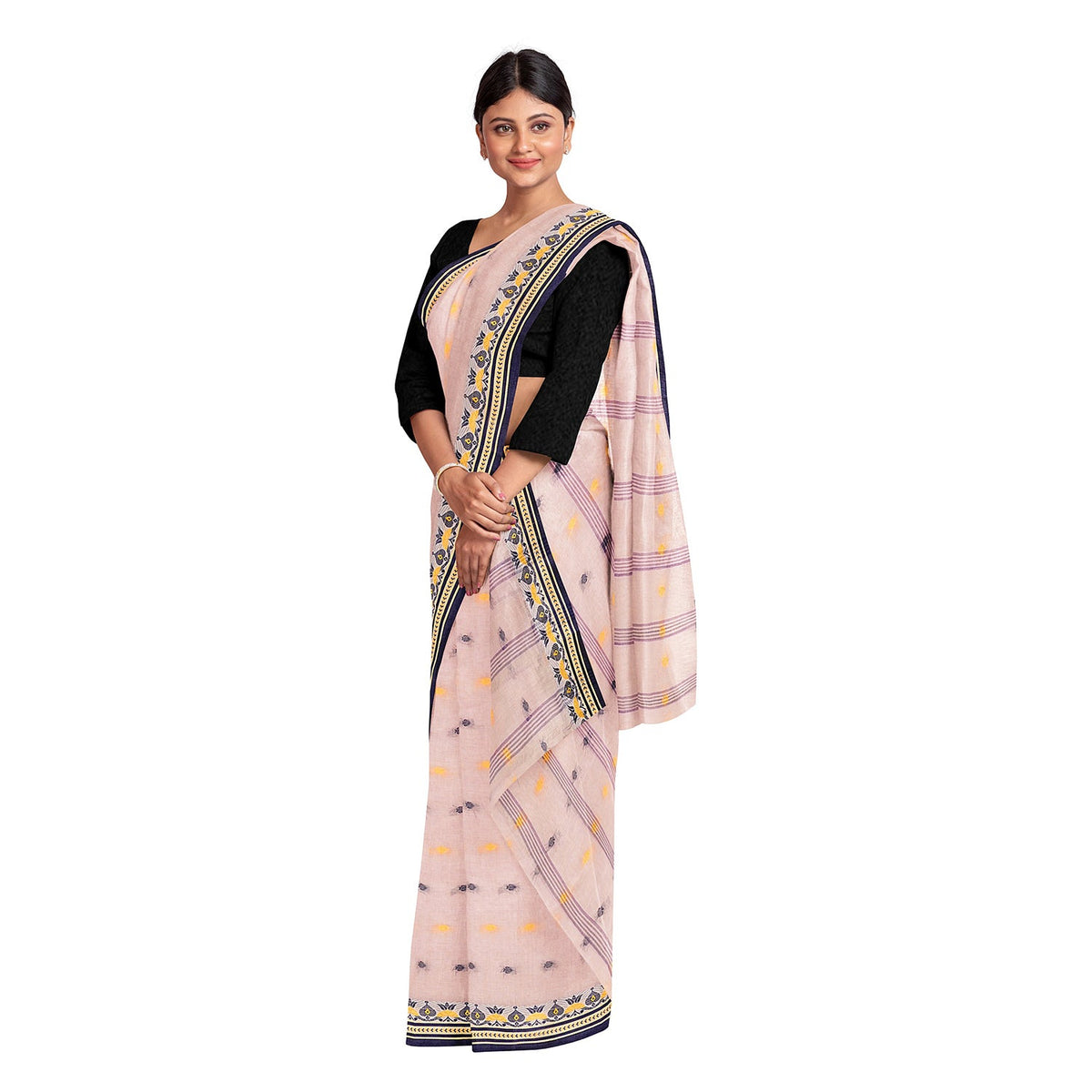 Exclusive Collection 100% Pure Cotton Cream Tant Saree With Hand Weaving Work | Grocsy
