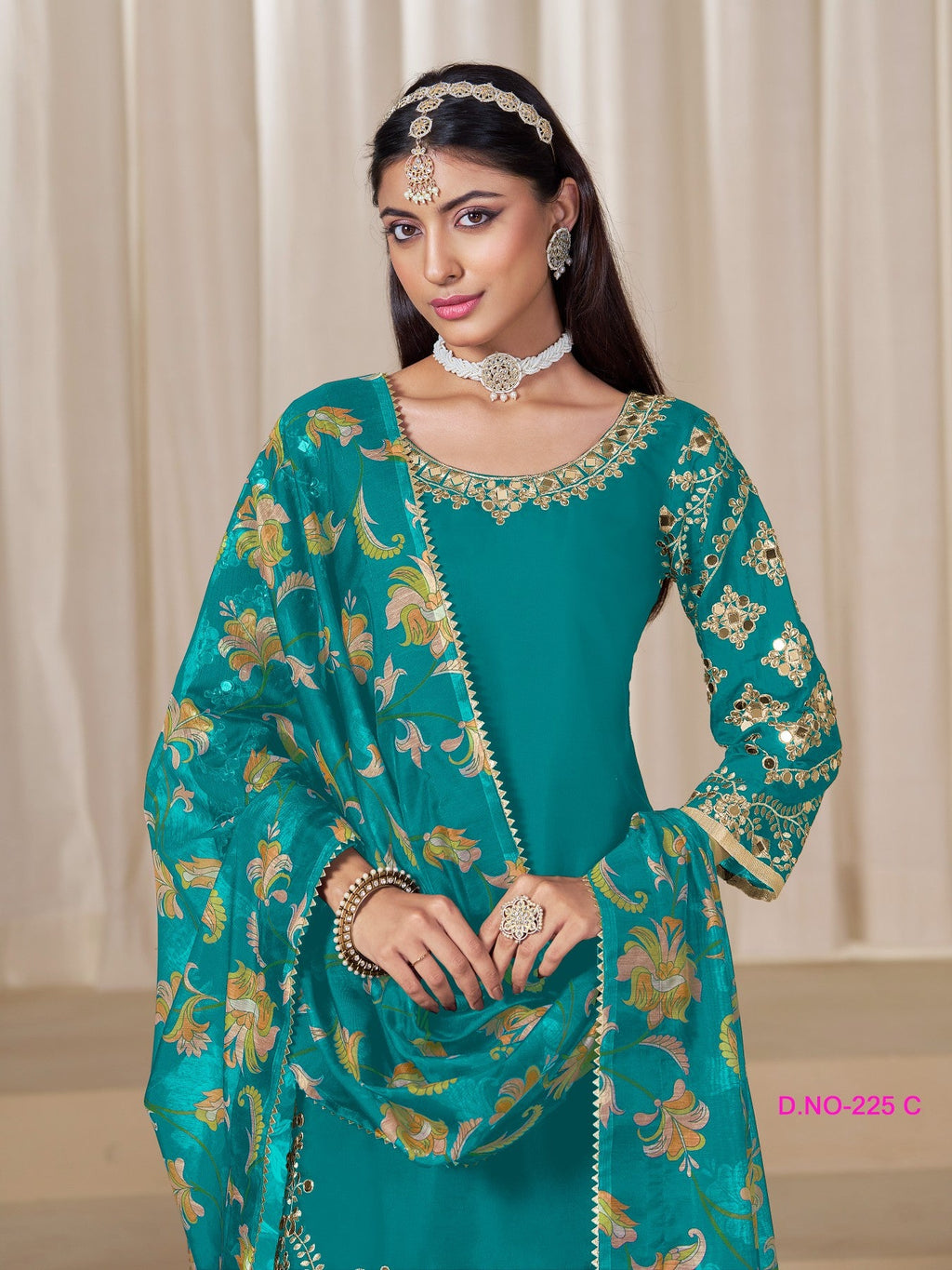 Anaita Teal-Blue Premium Embroidered Roman Silk Salwar Suit | Grocsy