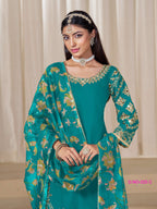Anaita Teal-Blue Premium Embroidered Roman Silk Salwar Suit | Grocsy