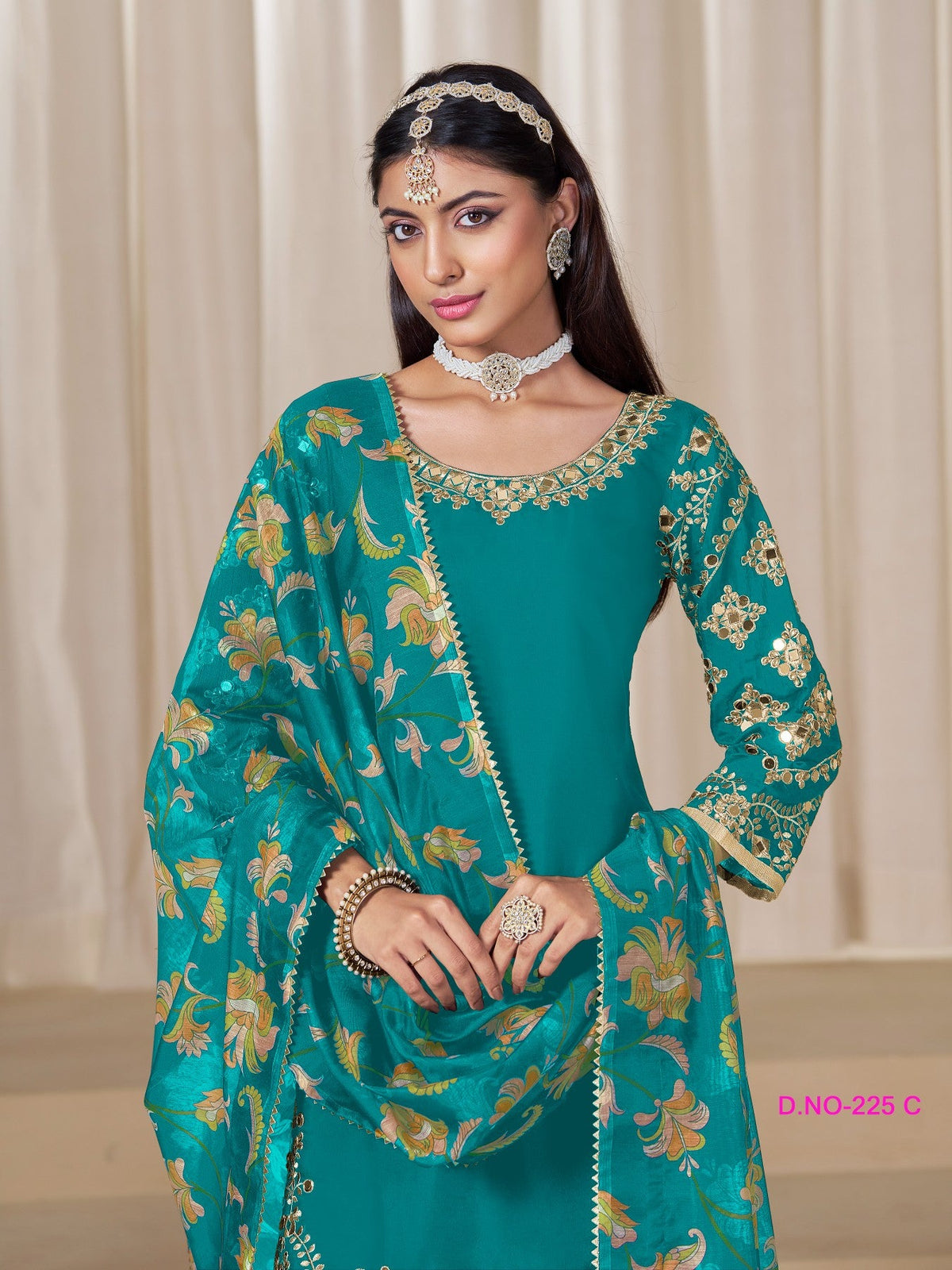 Anaita Teal-Blue Premium Embroidered Roman Silk Salwar Suit | Grocsy