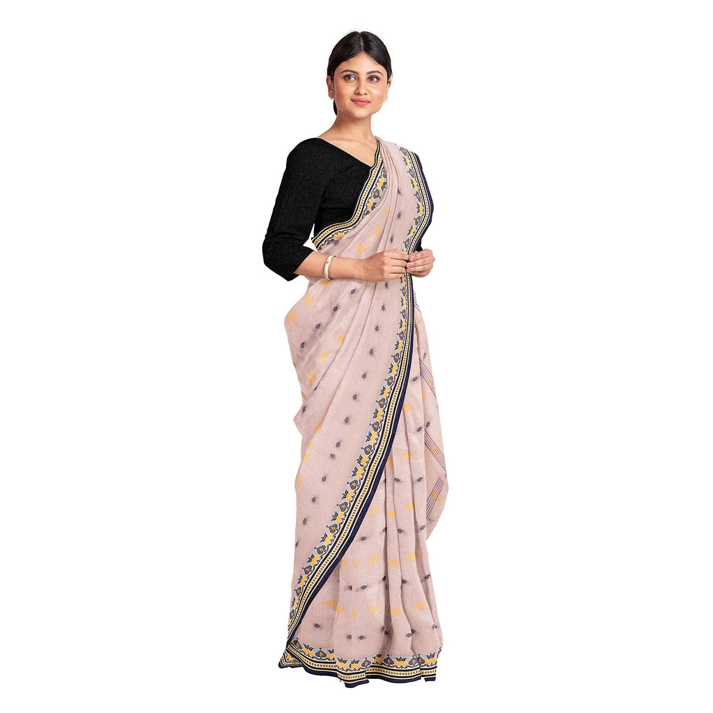 Exclusive Collection 100% Pure Cotton Cream Tant Saree With Hand Weaving Work | Grocsy