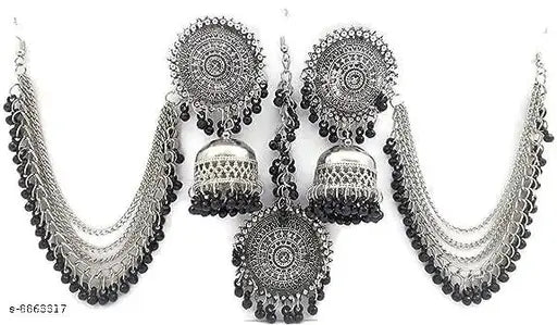 Tehzeeb Creations Women's Silver And Black Colour Oxidised Earrings With Tikka | Grocsy