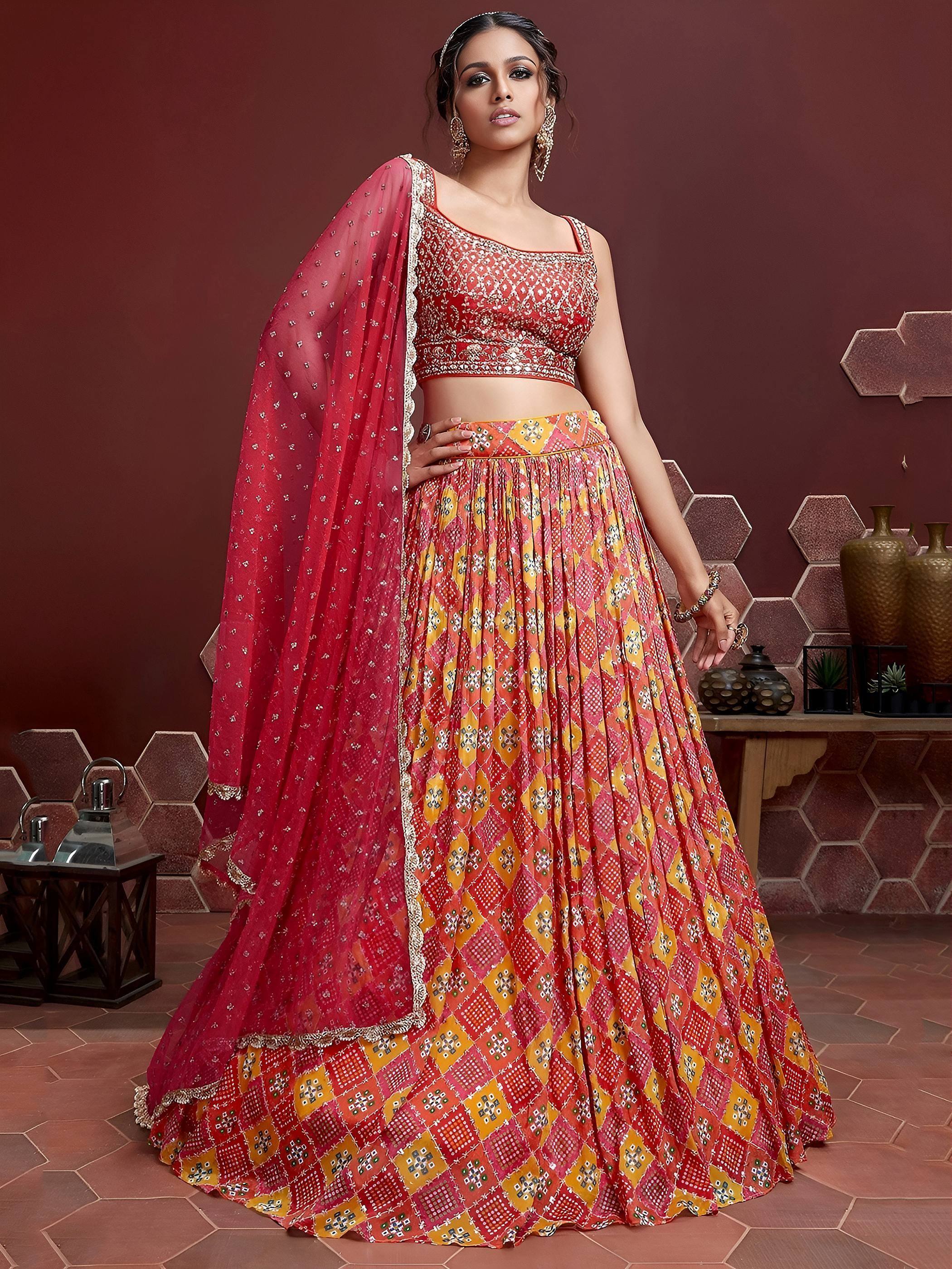 Tulsi Art Glamorous Red Chinon Digital Print Designer Wear Lehenga Choli | Grocsy
