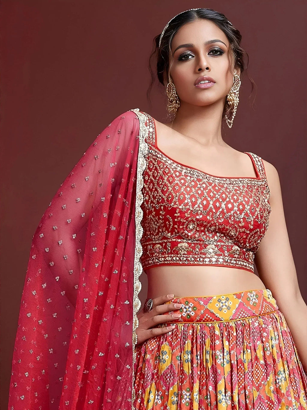Tulsi Art Glamorous Red Chinon Digital Print Designer Wear Lehenga Choli | Grocsy